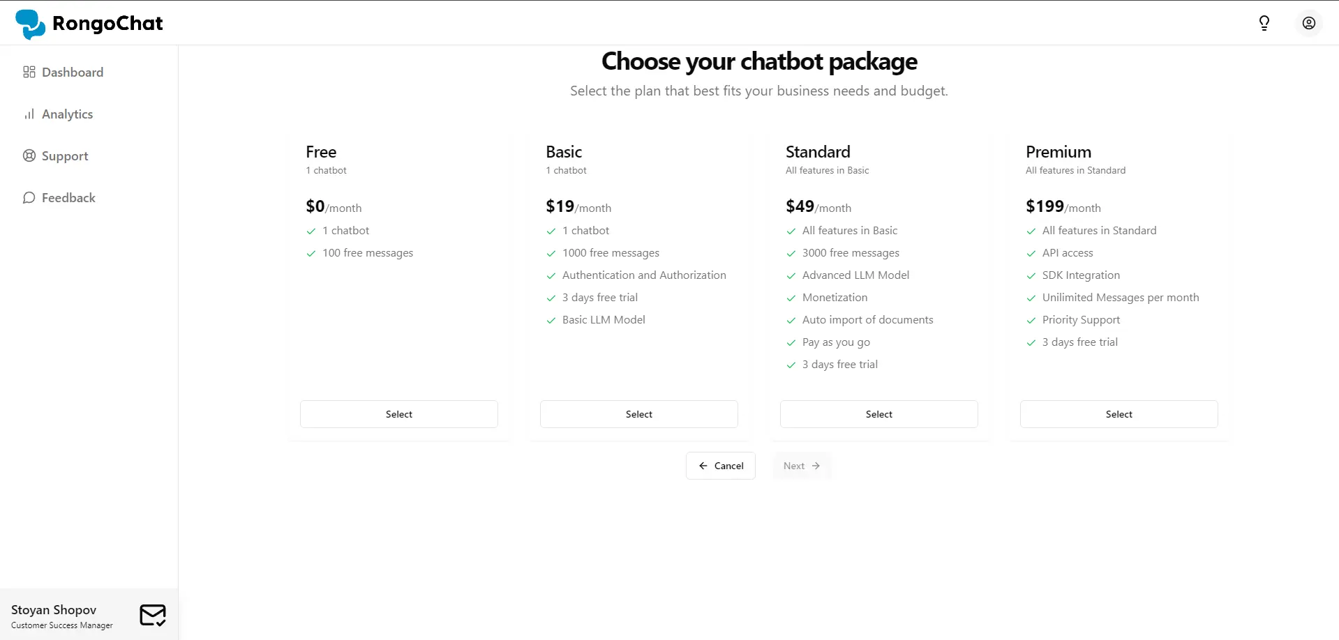 Selecting a Chatbot Package on Rongochat