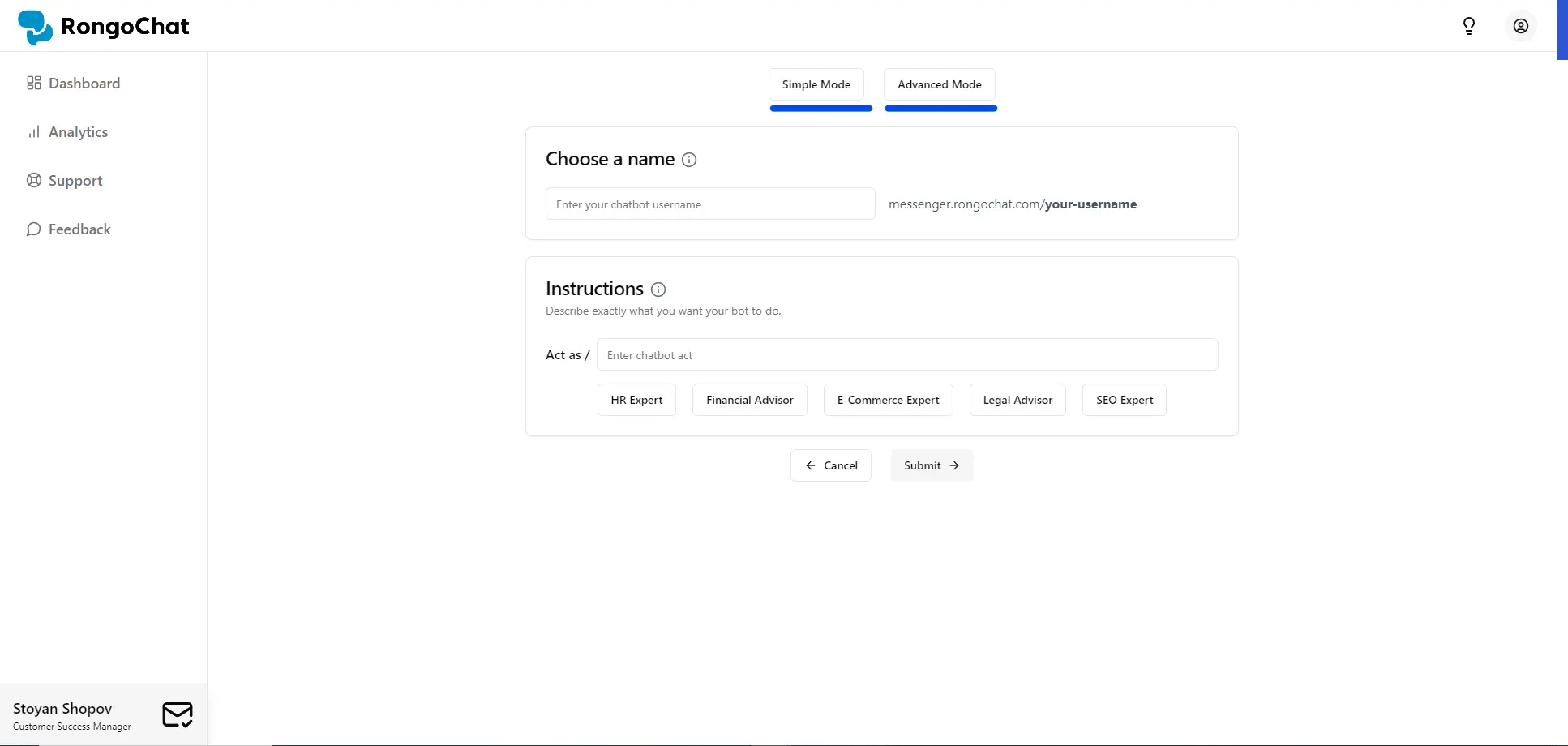 Choosing Simple or Advanced Mode in RongoChat